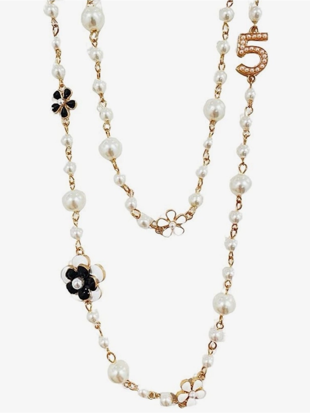 Elegant Pearl Long Necklace with Flower Accents - Cream - Picture 2 of 5